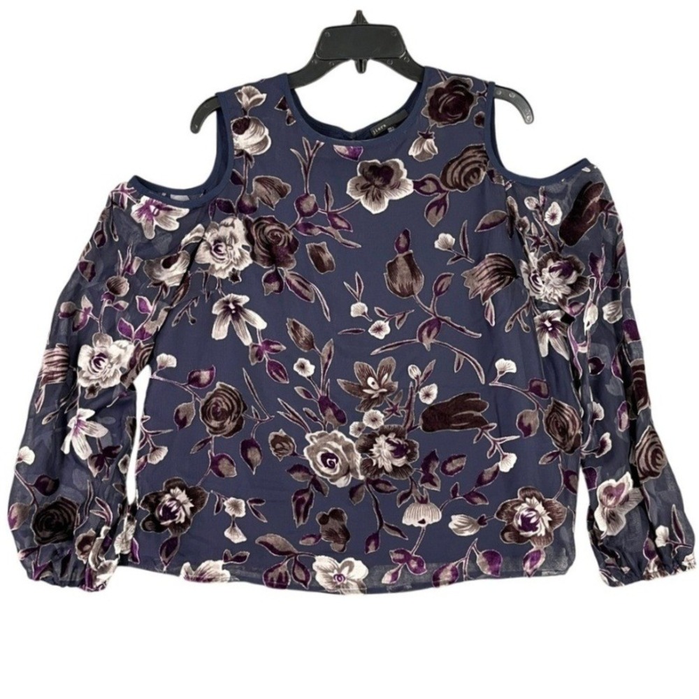 Jieru Cold Shoulder Blouse Womens L Floral Velvet Burnout Chiffon Navy Top